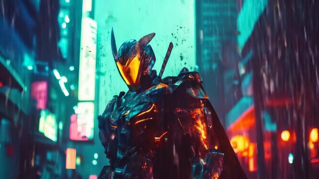 Futuristic samurai warrior wearing glowing armor is standing in a futuristic city street with neon lights. It is raining