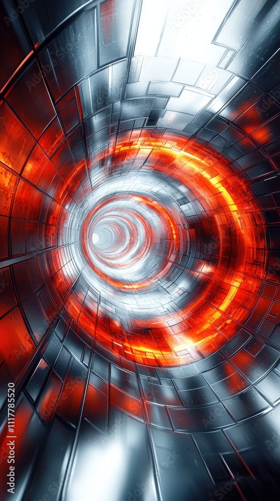 Poster bright red and silver tunnel creating a dynamic visual exploration of abstract art and technology