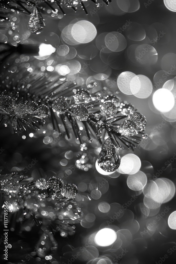 Poster a close-up shot of water droplets on the needles of a pine tree