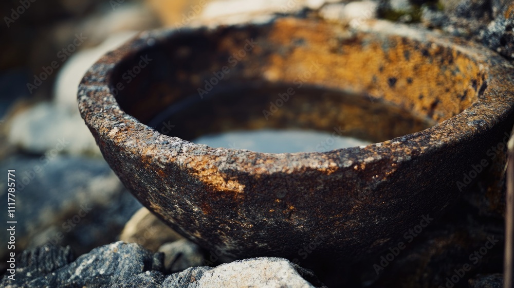Poster a weathered bowl sits atop a stack of rocks, with a rustic charm