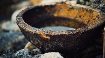 A weathered bowl sits atop a stack of rocks, with a rustic charm