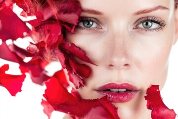 A woman covered by red petals, possibly from a flower or makeup