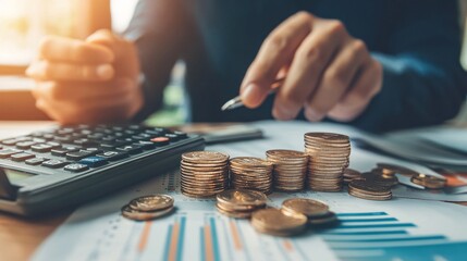 Coins stacked on each other and calculator on wooden table with blur background. Business and finance concept.