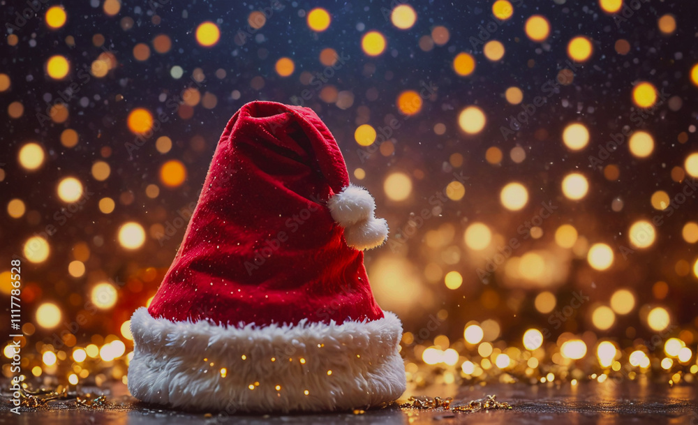 Poster a red hat with a white pom pom sits on a table. the hat is a santa hat, and the table is decorated w