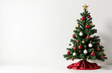 Minimalist Christmas tree on a plain white background, decorated with red, gold, and white baubles. The festive tree is topped with a gold star and features a red fabric base covering.