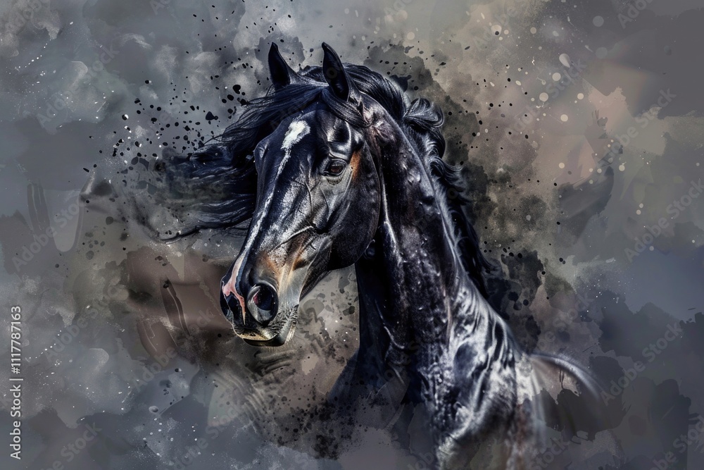 Poster a horse with a distinctive black mane stands proudly in this image