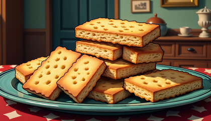 A beautifully arranged stack of golden-brown cookies on a blue plate, set against a cozy kitchen background. AI generated