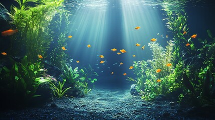 Fototapeta premium Underwater scene with sunlight, aquatic plants, and colorful fish.