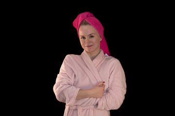 Smiling Girl in Bathrobe with Pink Towel on Head After Shower