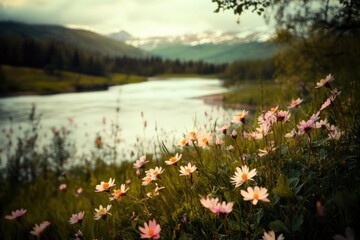 A serene landscape featuring a field of flowers adjacent to a calm body of water
