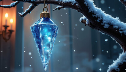 A beautiful crystal ornament with blue light hanging from a snowy branch. The background is soft and warm, creating a magical winter atmosphere. AI generated.