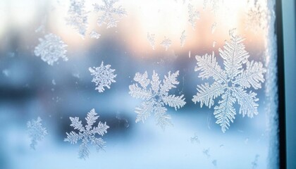 Frosted window with intricate snowflake patterns against a winter backdrop.