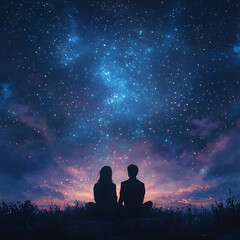 A Heartfelt Moment Under the Stars: A Romantic Couple Enjoying a Serene Evening Together while Admiring the Night Sky and Cosmic Beauty of the Universe