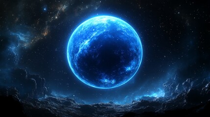 Obraz premium Deep blue view of Neptune highlighting its stunning hues and celestial surroundings in space