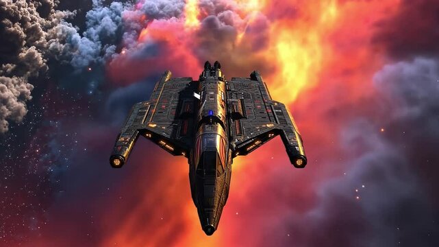 Starship Through the Nebula: A sleek, futuristic spaceship glides through a vibrant nebula, its sleek lines and powerful engines illuminated by the swirling cosmic dust.