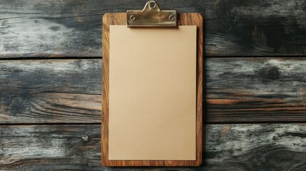 Blank Wooden Clipboard on Rustic Table.