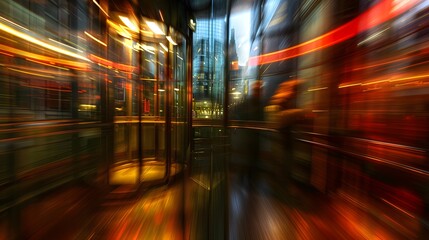A blurred view of a modern elevator interior with city lights in the background.