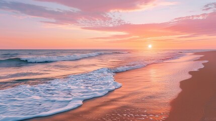 A serene beach at sunset, with the sky painted in shades of pink, orange, and purple, and gentle waves lapping the shore