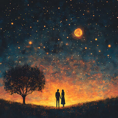 Heartfelt Valentine's Moment Portraying a Romantic Scene Under the Stars with a Couple Holding Hands and a Tree Silhouetted Against a Colorful Sky