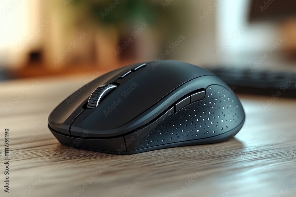 Aufkleber a close-up shot of a computer mouse resting on a wooden table, ideal for use in business, education 