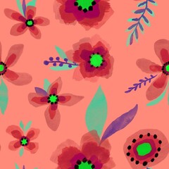 Abstract Hand Drawing Digital Painting Watercolor Brush Strokes Peony Poppy Anemone Violet Botanical Flowers Branches and Leaves Seamless Textile Upholstery Pattern Isolated Background