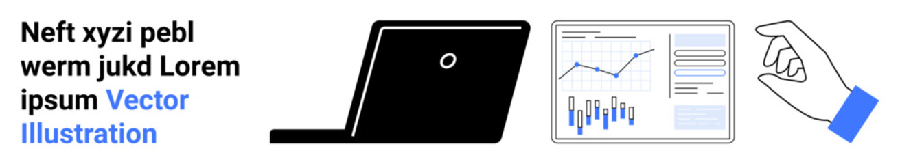 Laptop with analytic data charts on screen, hand gesture interacting with display. Ideal for business, technology, data analysis, presentations, reports, research, user interfaces. Landing page