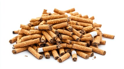 Loose pile of cigarettes scattered on a seamless white background, minimalistic composition