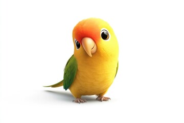 A small yellow and green bird perched on a white surface, with vibrant feathers
