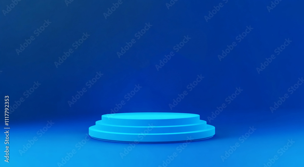 Poster blue three-tiered platform on a solid blue background in a minimalist style for artistic displays or