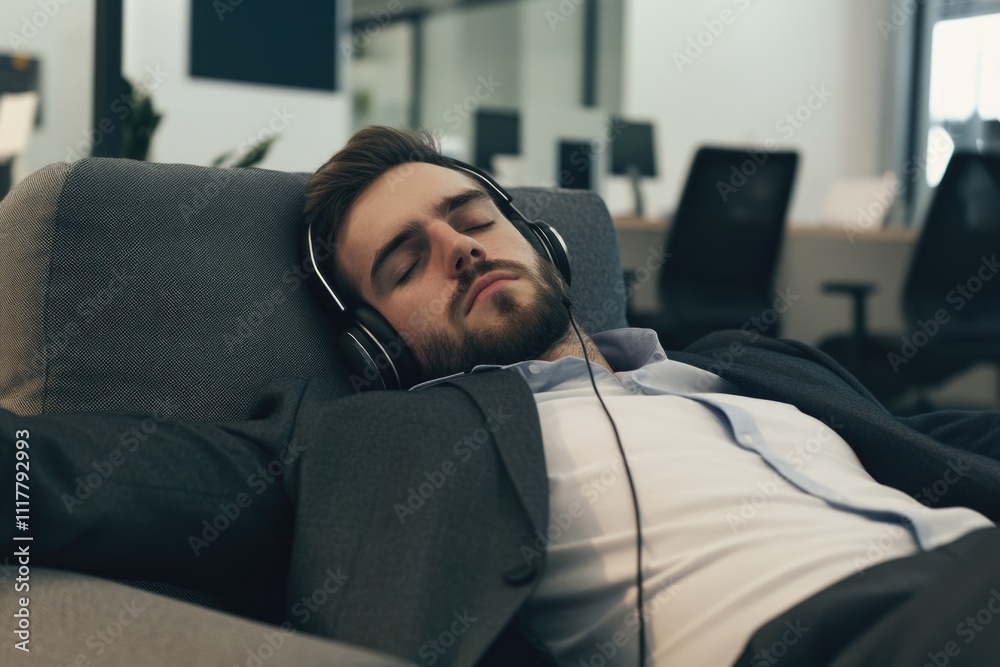 Poster a person relaxing on a couch with headphones on, perfect for a background image or illustration of l