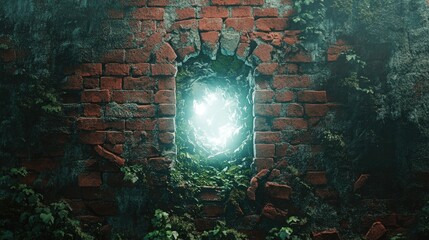 Mossy red bricks crumble as a glowing white hole forces its way through the ancient wall.