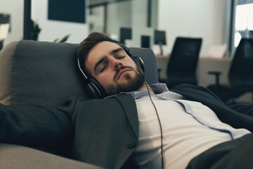 Fototapeta premium A person relaxing on a couch with headphones on, perfect for a background image or illustration of leisure time
