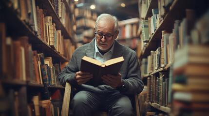 senior man reading book in cozy library filled with books