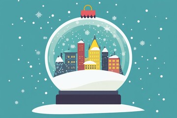 A miniature city scene inside a snow globe, surrounded by snow and ice