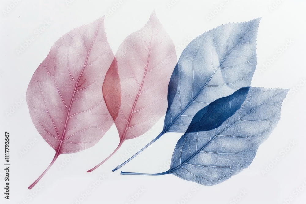 Poster close-up of three different colored leaves on a white background