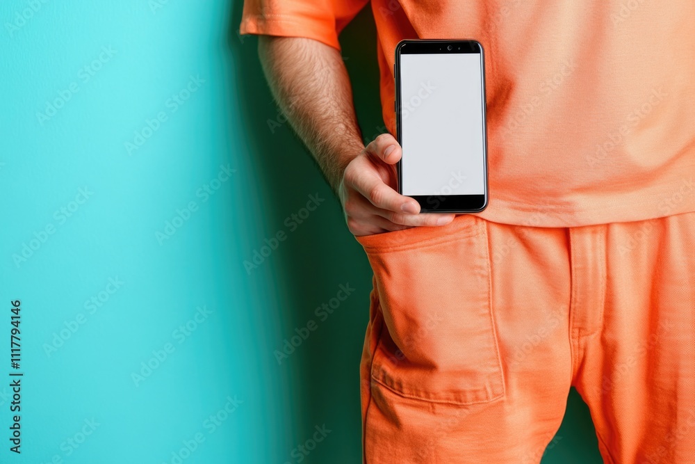 Poster a person holding a cell phone, likely checking or using the device