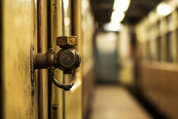 A close-up shot of a train door handle with intricate details, suitable for travel or transportation-themed projects