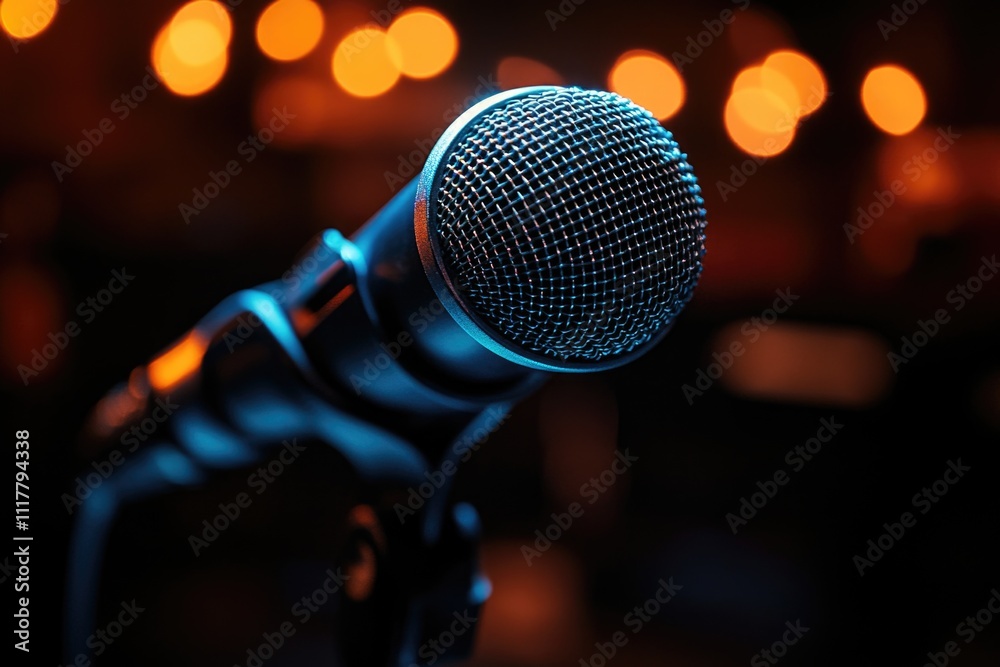 Poster a microphone surrounded by a blurred background, perfect for music or audio-related concepts