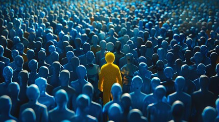 Obraz premium Embracing individuality a yellow figure shining amidst blue figures in a diverse crowd