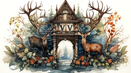 Two majestic deer flank an ornate archway in an autumnal forest scene, creating a mystical and enchanting atmosphere.