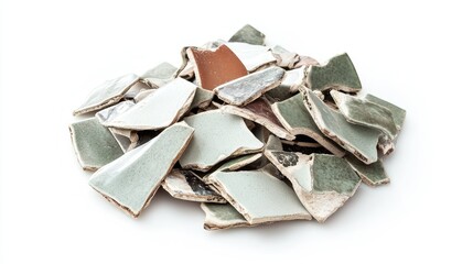 One small pile of jagged ceramic shards, arranged in a rough heap and isolated on white.
