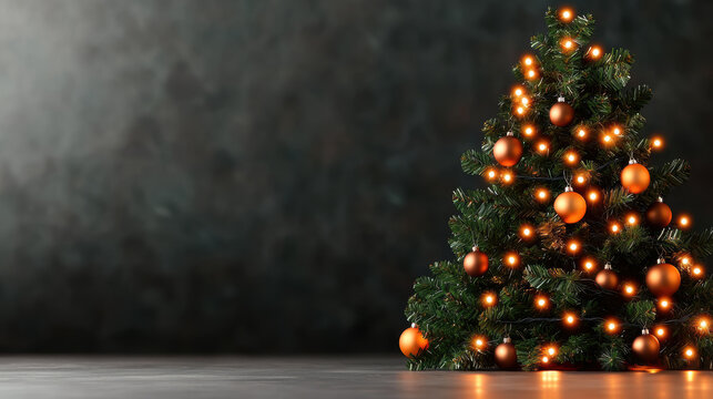 beautifully decorated Christmas tree with orange ornaments and lights, creating warm festive atmosphere