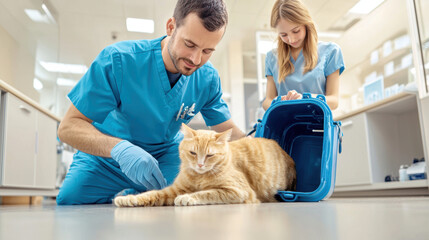 compassionate male vet in uniform gently examines cat in carrier