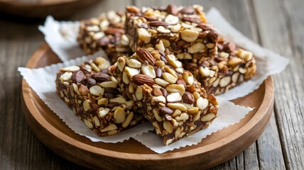 Fototapeta premium Healthy jaggery energy bars with nuts and seeds, wrapped in parchment paper, arranged on a wooden plate with natural backdrop