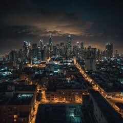 Obraz premium A view of a city skyline from a rooftop, with the city lights twinkling in the distance.