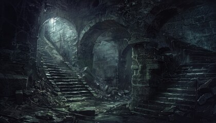 Fototapeta premium Dark Ruined Staircase Leading to Light