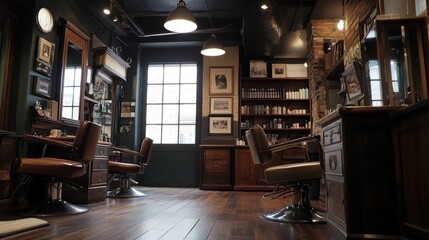 Vintage Barbershop Interior with Two Leather Chairs