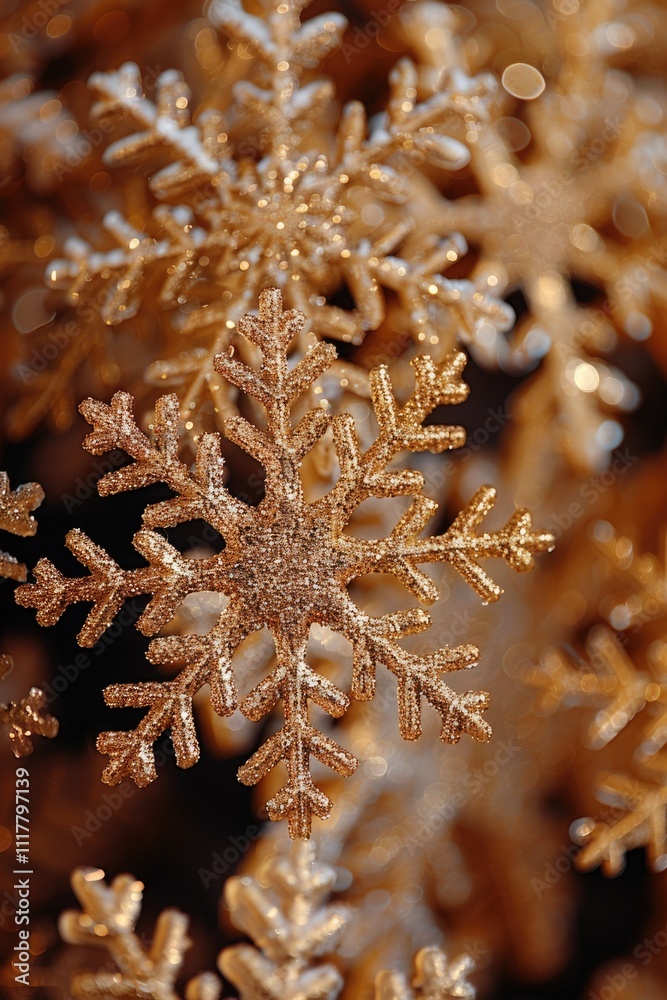 Poster A detailed view of a single snowflake clinging to a tree branch, perfect for winter-themed designs and projects