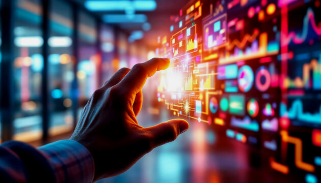 Hand touch screen displaying a variety of graphs, charts, and data visualizations in a futuristic digital interface. The blurring background suggests a modern, high-tech setting