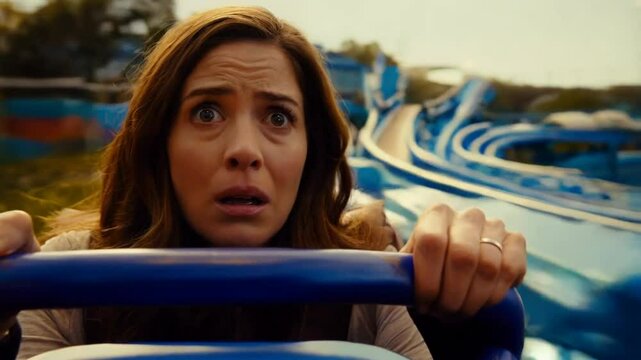 Terrified woman on a rollercoaster ride at the funfair